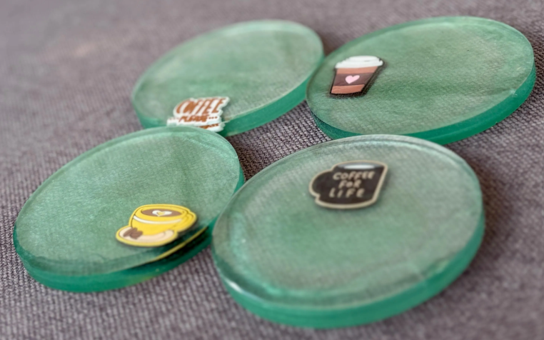 Handmade Coffee themed Resin Coasters: Sea Green and Cafe Latte Art, Set of 4 Coasters Consecrated Jewelry Co.