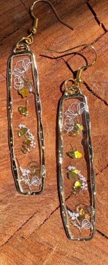 Gold and White Botanical Resin Dangle Earrings: Handmade Pressed Flower Jewelry Earrings Consecrated Jewelry Co.