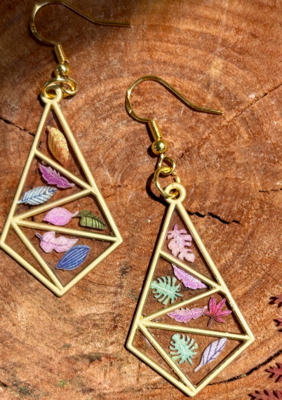Gold Triangle Resin Earrings: Real Fall Leaves, Colorful Botanical Jewelry for Autumn Earrings Consecrated Jewelry Co.