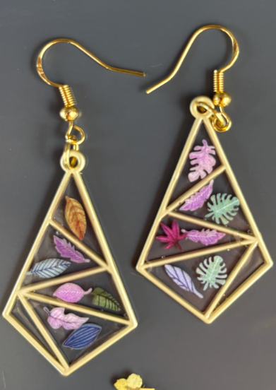 Gold Triangle Resin Earrings: Real Fall Leaves, Colorful Botanical Jewelry for Autumn Earrings Consecrated Jewelry Co.
