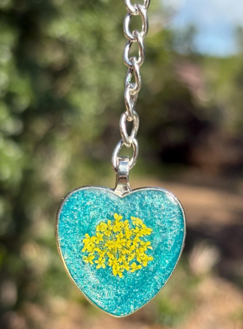 Yellow Wildflower Keychain Heart Teal Resin | Silver Charm Keychains Consecrated Jewelry Co.