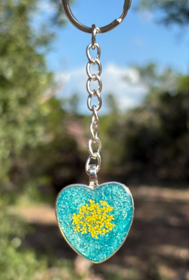 Yellow Wildflower Keychain Heart Teal Resin | Silver Charm Keychains Consecrated Jewelry Co.