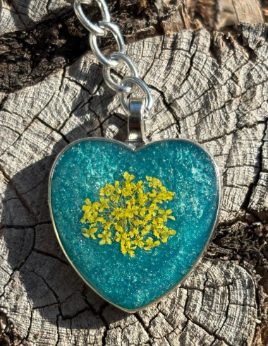 Yellow Wildflower Keychain Heart Teal Resin | Silver Charm Keychains Consecrated Jewelry Co.