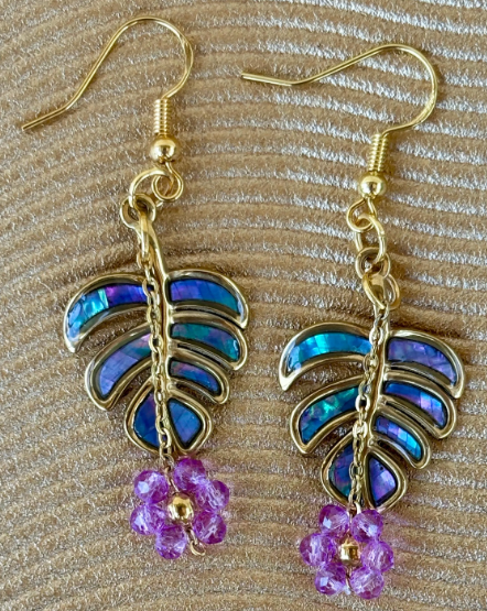 Tropical Leaf Dangle Earrings | Purple Flower, Teal & Gold Earrings Consecrated Jewelry Co.