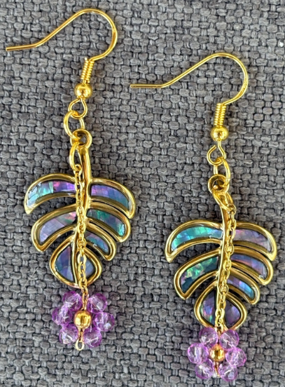 Tropical Leaf Dangle Earrings | Purple Flower, Teal & Gold Earrings Consecrated Jewelry Co.