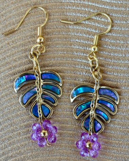 Tropical Leaf Dangle Earrings | Purple Flower, Teal & Gold Earrings Consecrated Jewelry Co.