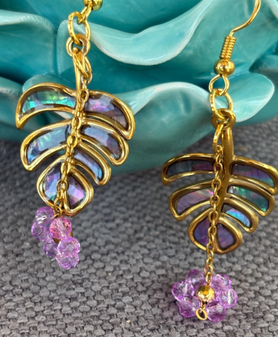 Tropical Leaf Dangle Earrings | Purple Flower, Teal & Gold Earrings Consecrated Jewelry Co.