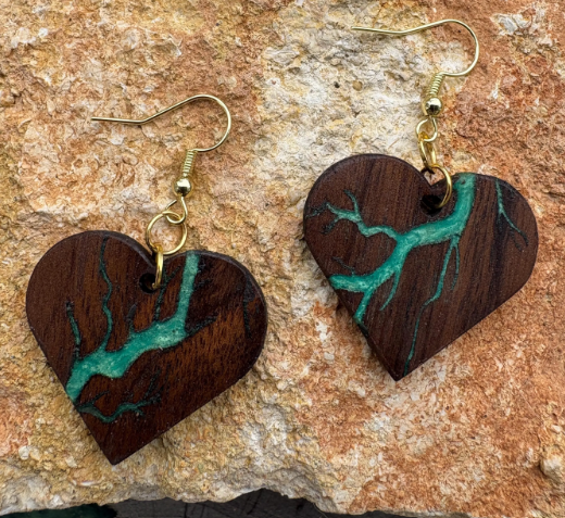 Black Walnut Heart Earrings | Green Turquoise Resin Boho Wood Gold Fishhook Dangle