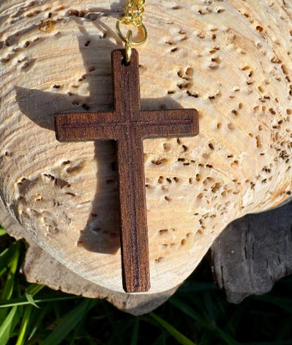 Consecrated Jewelry Co. Cross Necklace | Black Walnut Wood Red Resin Inlay Gold Silver Chain Christian Faith | Red Brown Handmade Jewelry
