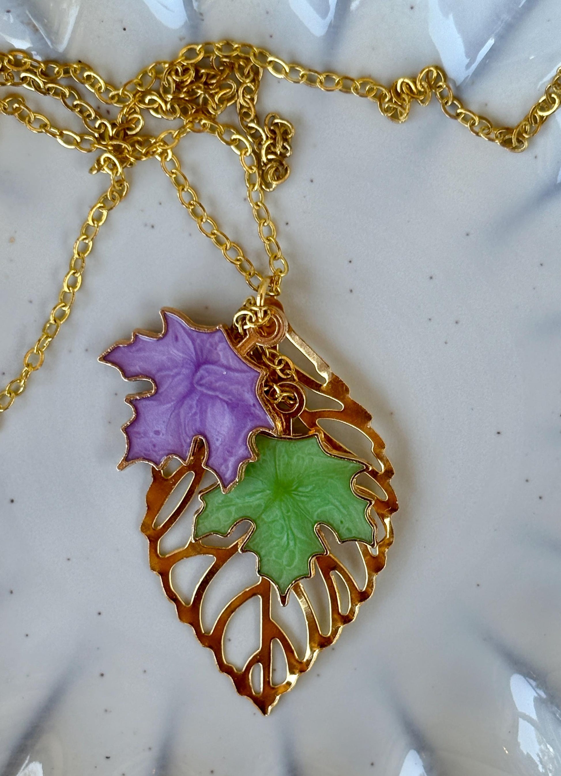 Gold Leaf Pendant Necklace: Green & Purple Enamel, Autumn Jewelry Necklaces Consecrated Jewelry Co.
