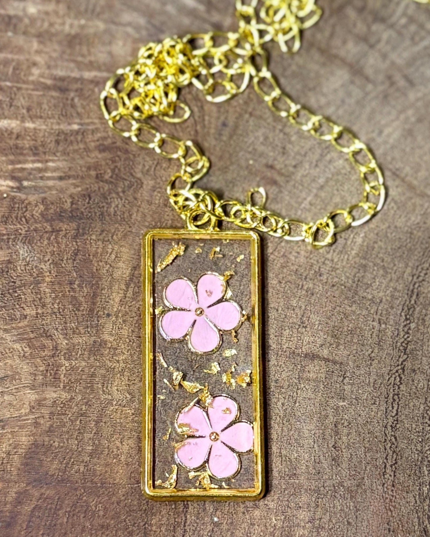 Pink Flower Charm Necklace, Gold Flake Resin Pendant Necklaces Consecrated Jewelry Co.