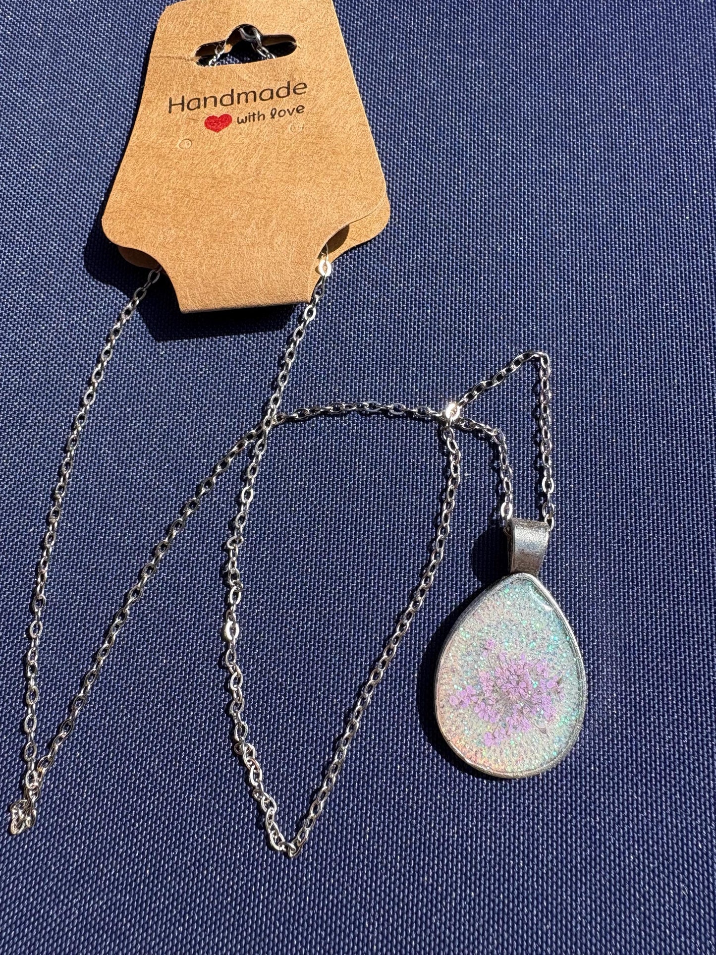 Pressed purple Wildflower white Resin Necklace: Pewter Teardrop Silver Minimalist Pendant Necklaces Consecrated Jewelry Co.