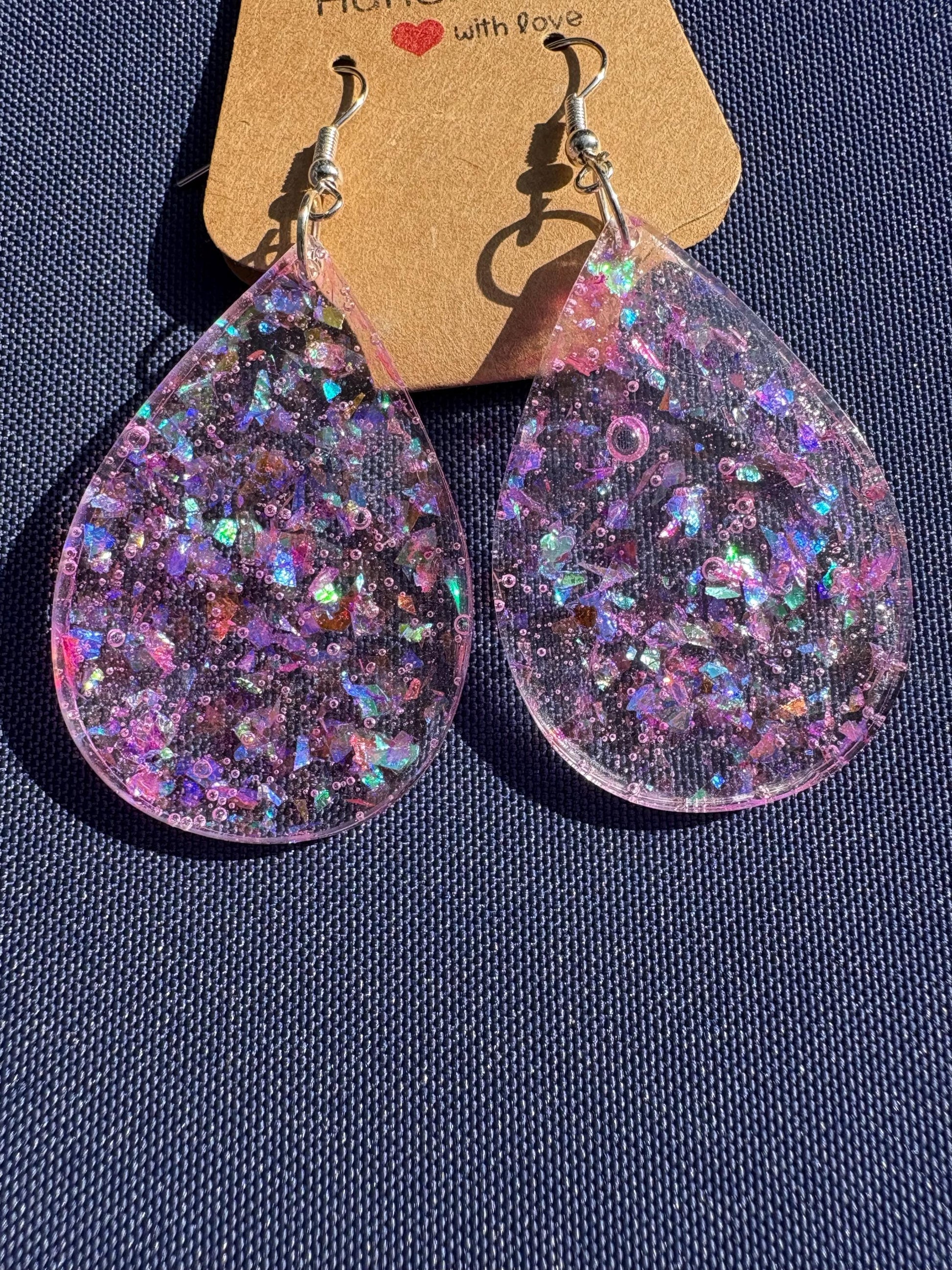 Handmade Glitter Resin Teardrop Earrings | Purple Pink Shimmer Earrings Consecrated Jewelry Co.