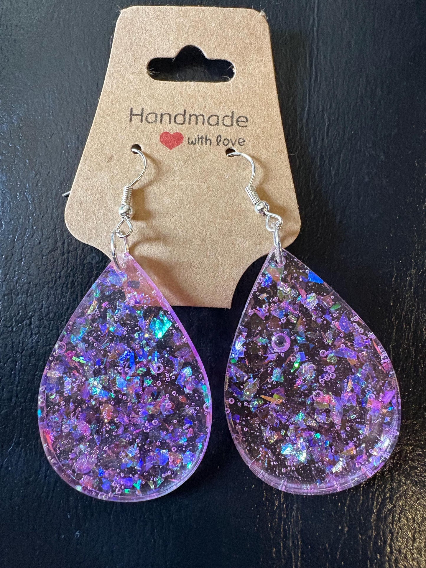 Handmade Glitter Resin Teardrop Earrings | Purple Pink Shimmer Earrings Consecrated Jewelry Co.