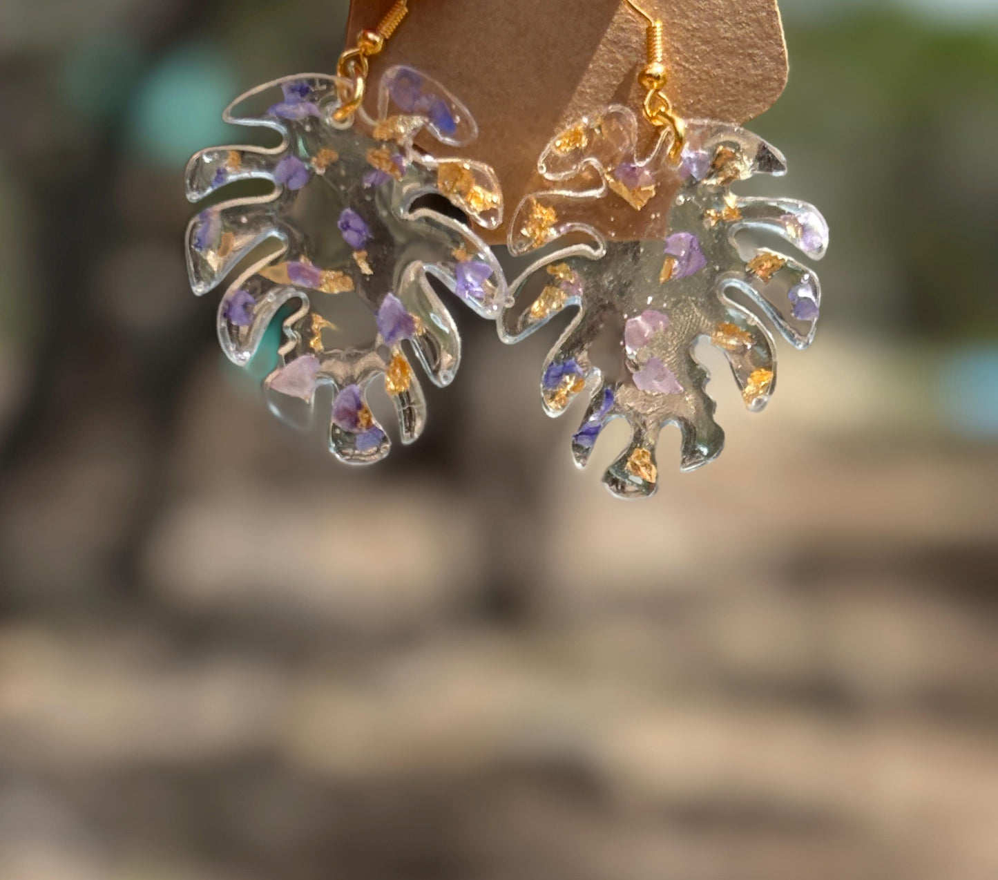 Monstera Leaf Dangle Earrings | Purple Clear Resin Gold Flakes Earrings Consecrated Jewelry Co.