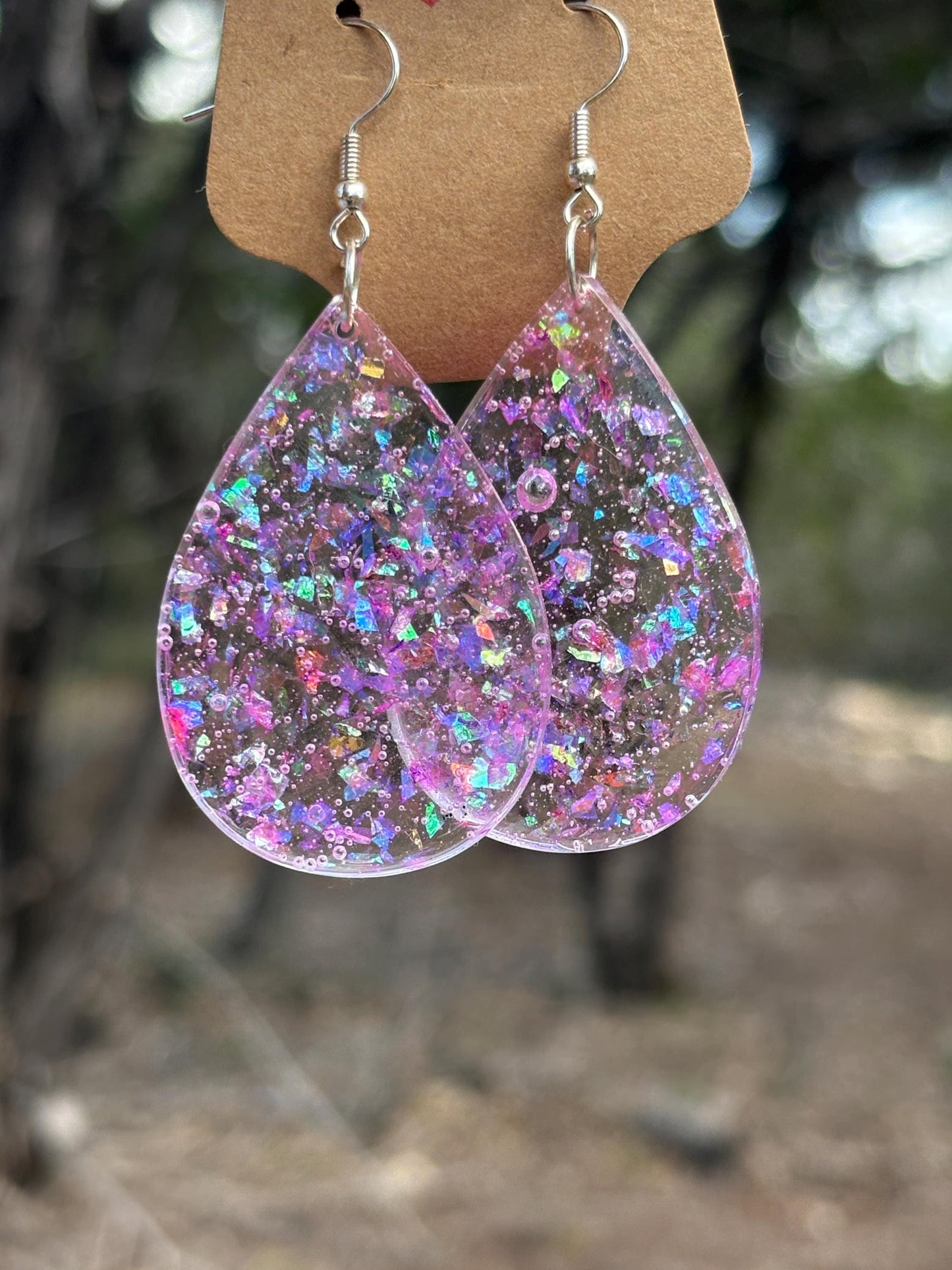 Handmade Glitter Resin Teardrop Earrings | Purple Pink Shimmer Earrings Consecrated Jewelry Co.