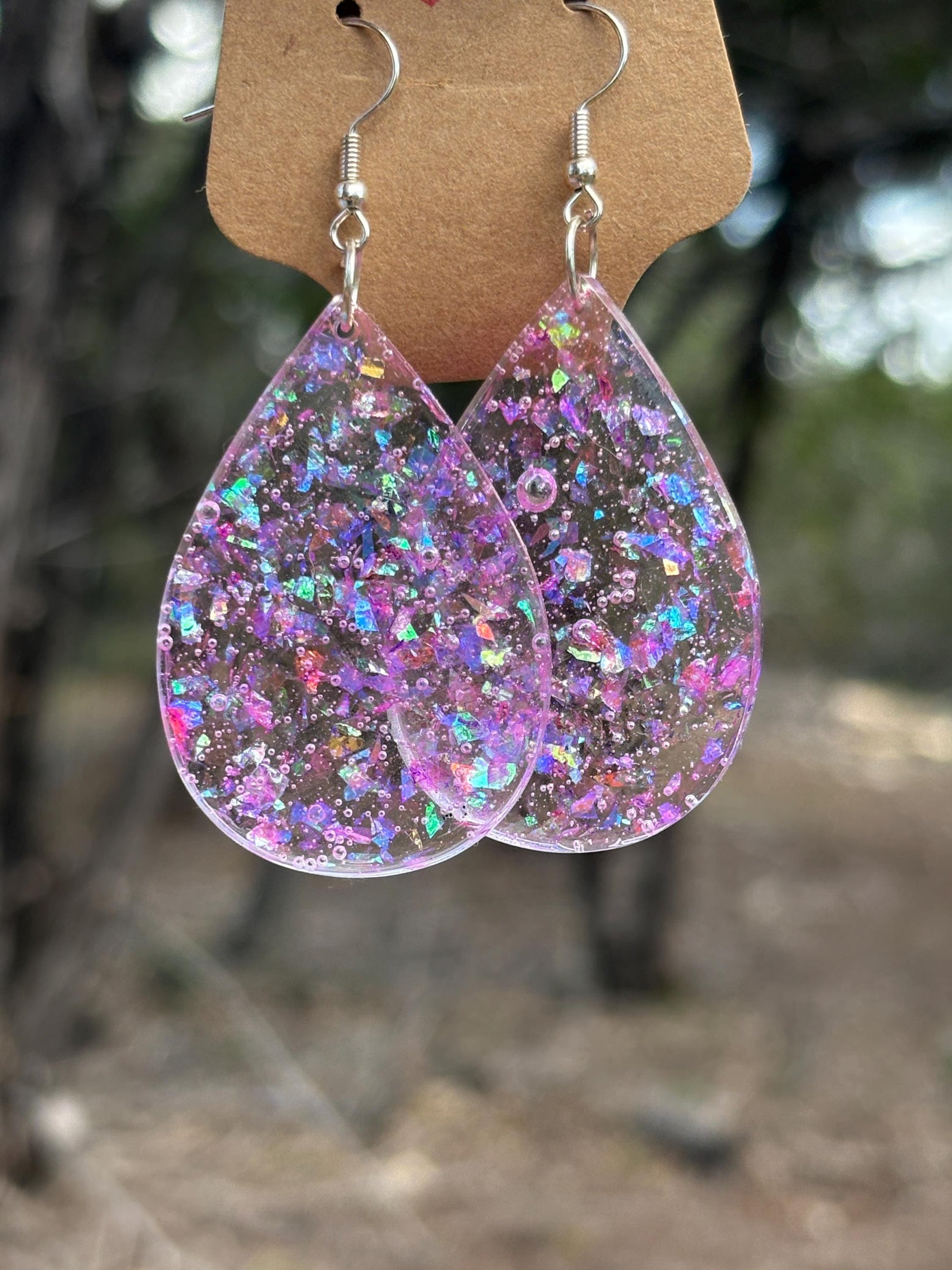 Handmade Glitter Resin Teardrop Earrings | Purple Pink Shimmer Earrings Consecrated Jewelry Co.