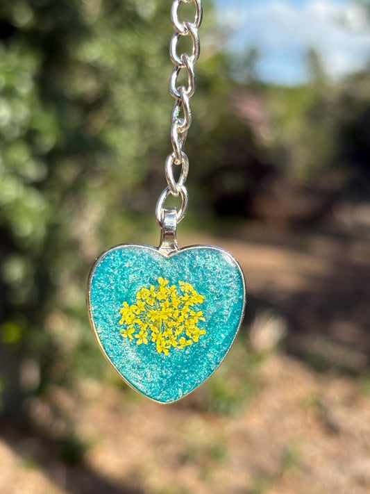 Yellow Wildflower Keychain Heart Teal Resin | Silver Charm Keychains Consecrated Jewelry Co.