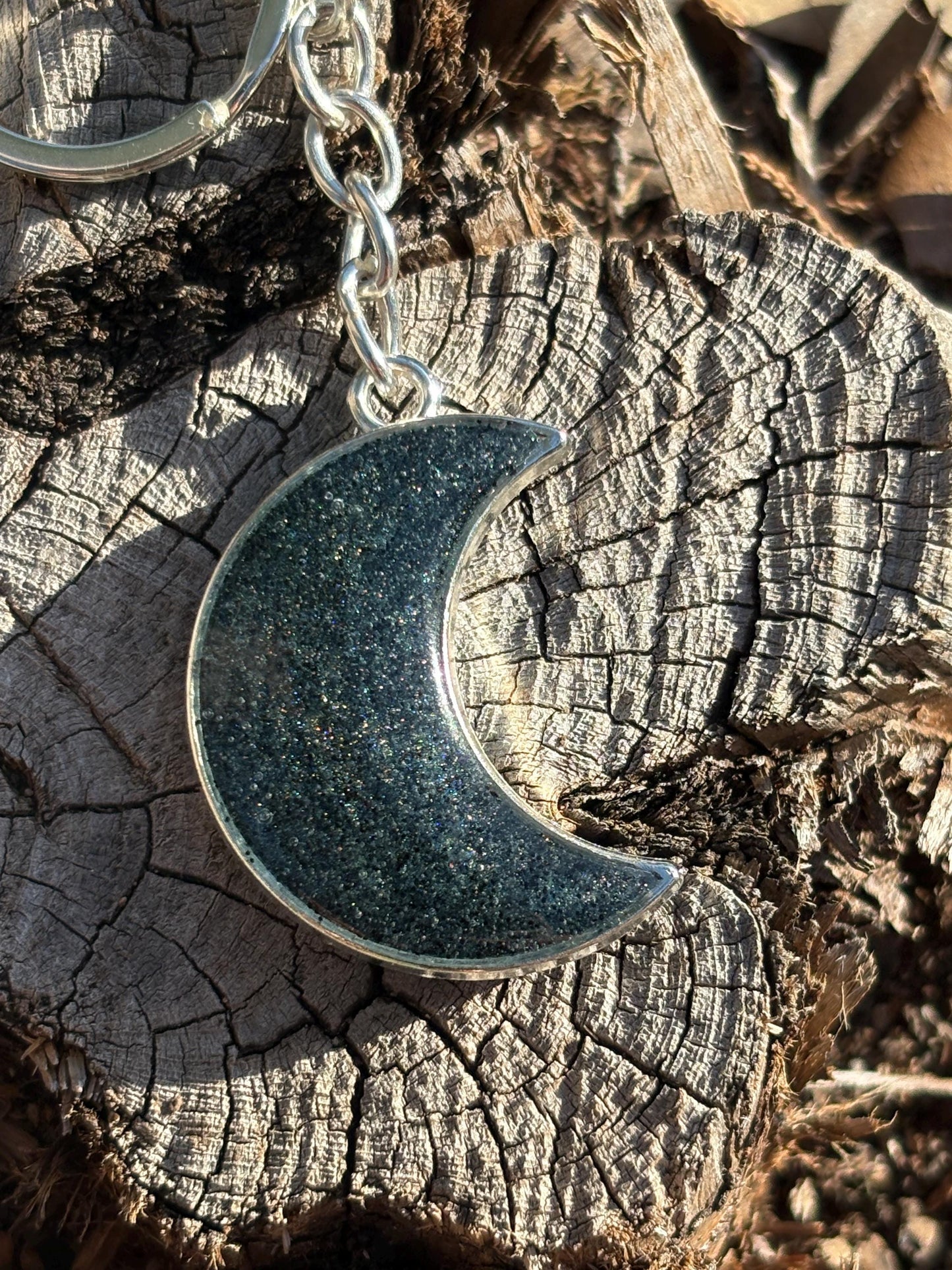 Crescent Moon Keychain | Stardust Silver Galaxy Resin Charm