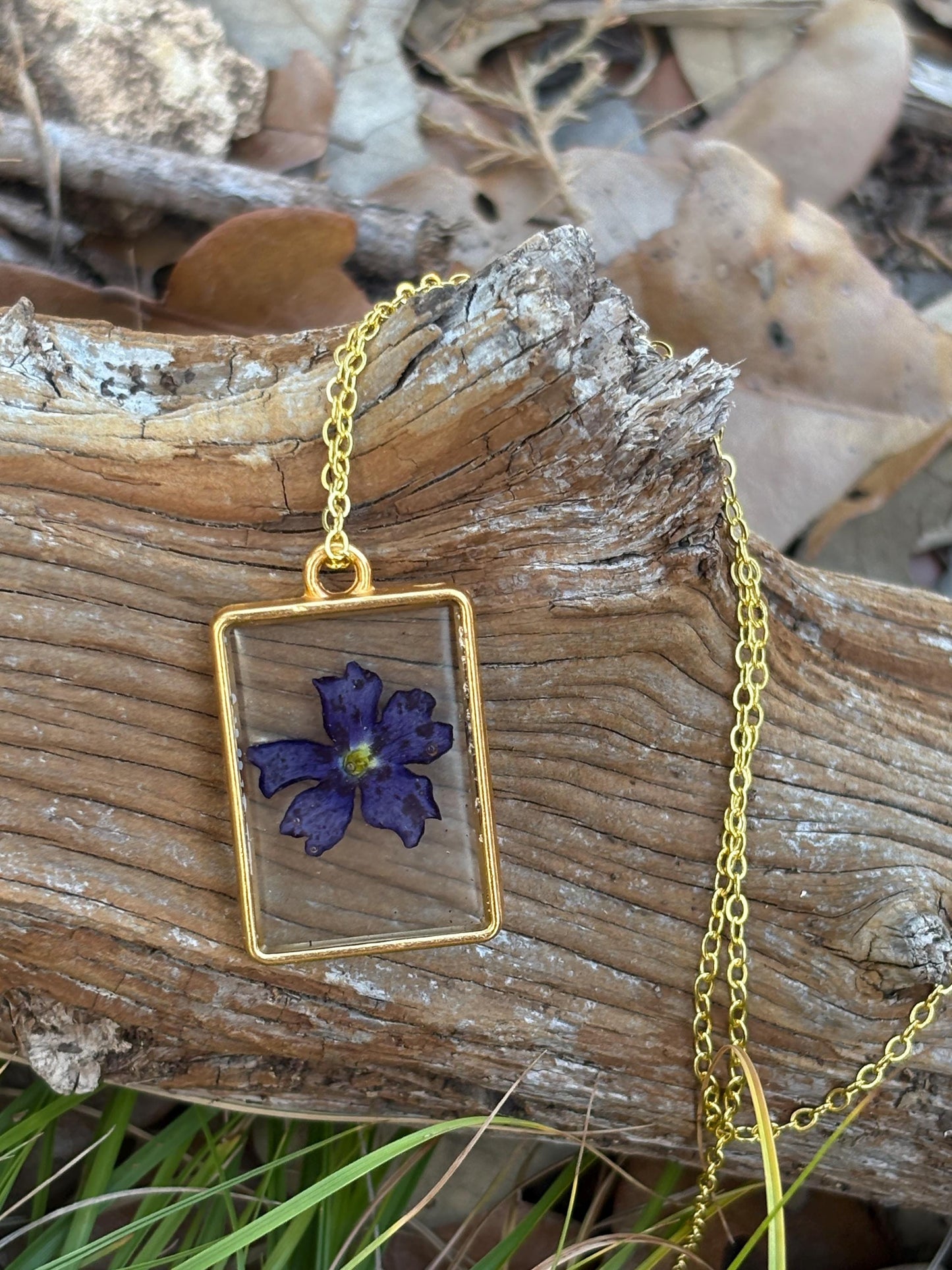 Pressed Purple Wildflower Pendant Necklace | Gold Resin Botanical Necklaces Consecrated Jewelry Co.