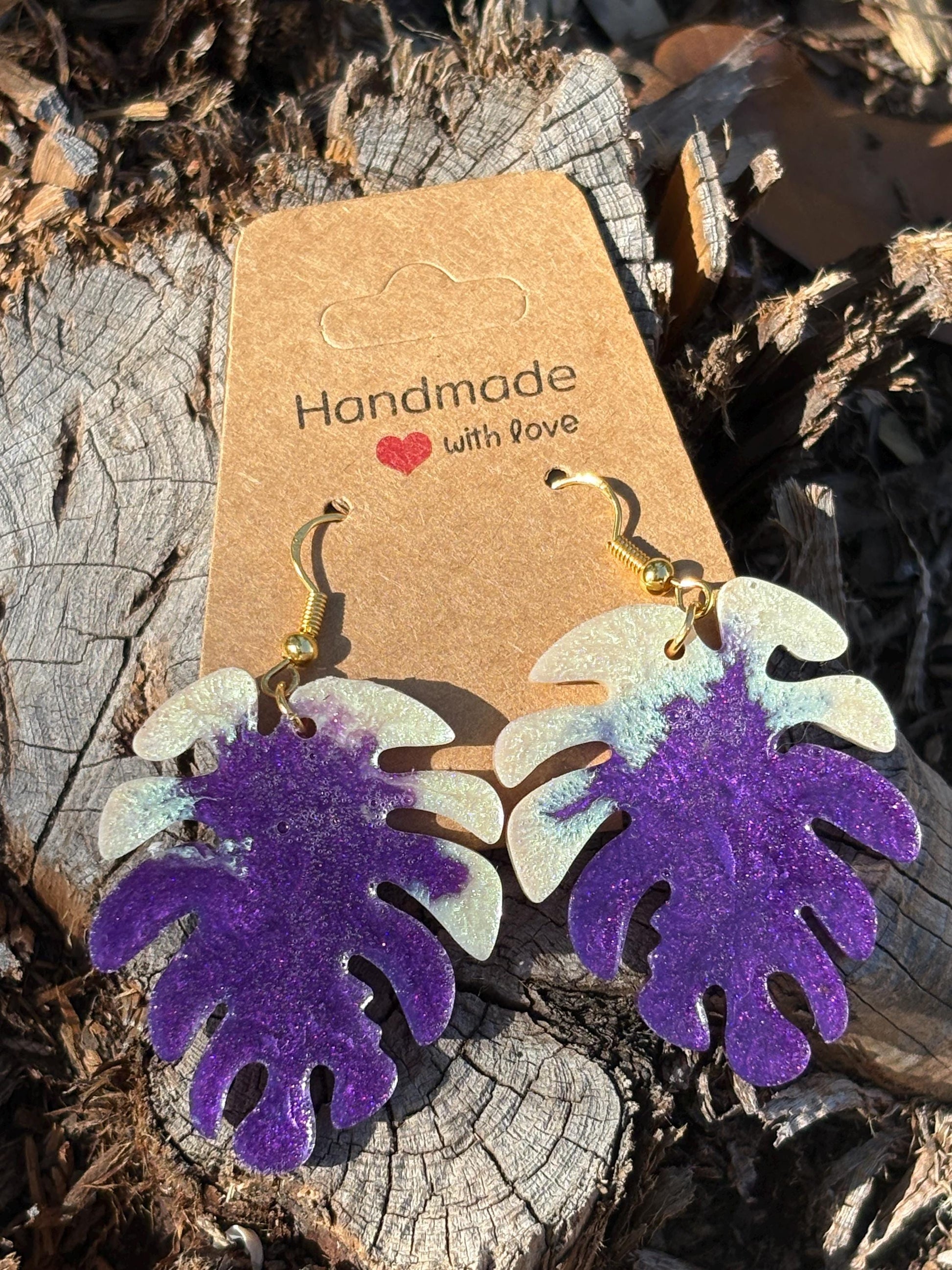 Purple and white Resin Monstera Leaf Palm Tree Earrings: Tropical Boho Dangle Jewelry Earrings Consecrated Jewelry Co.