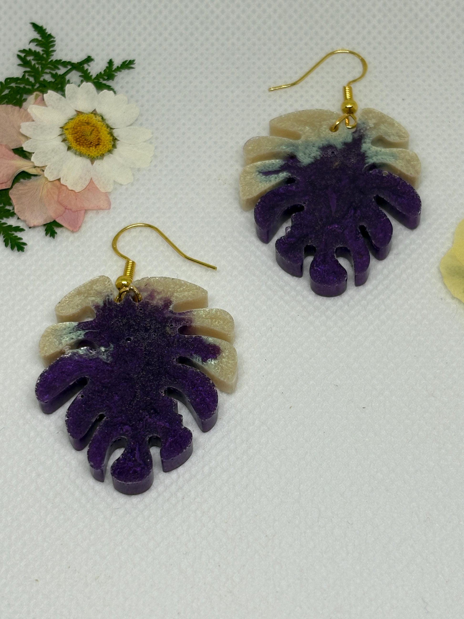 Purple and white Resin Monstera Leaf Palm Tree Earrings: Tropical Boho Dangle Jewelry Earrings Consecrated Jewelry Co.