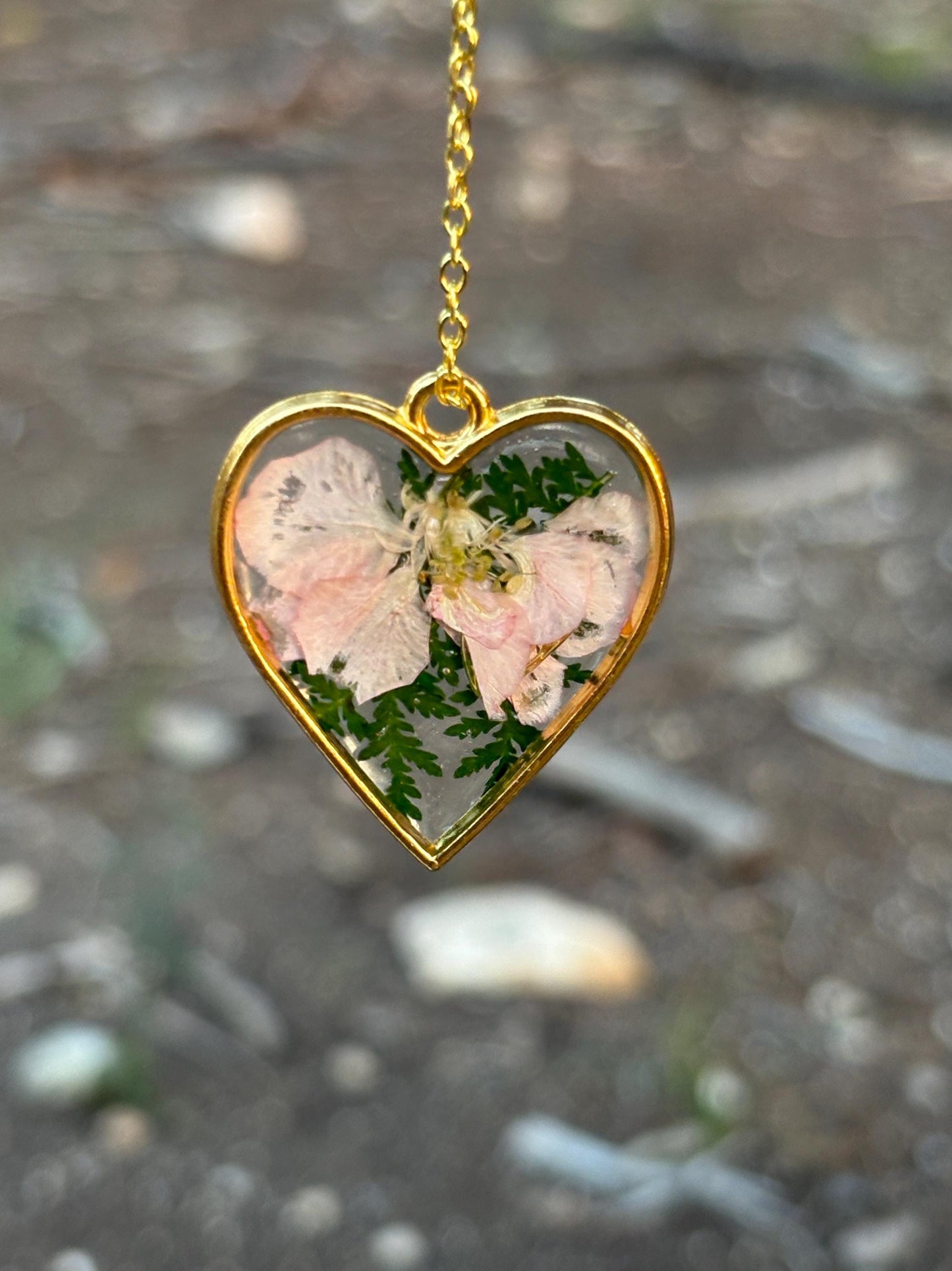 Real Pink Flower Green Leaf Heart Necklace: Gold Resin Pendant, Botanical Cottagecore Jewelry Necklaces Consecrated Jewelry Co.