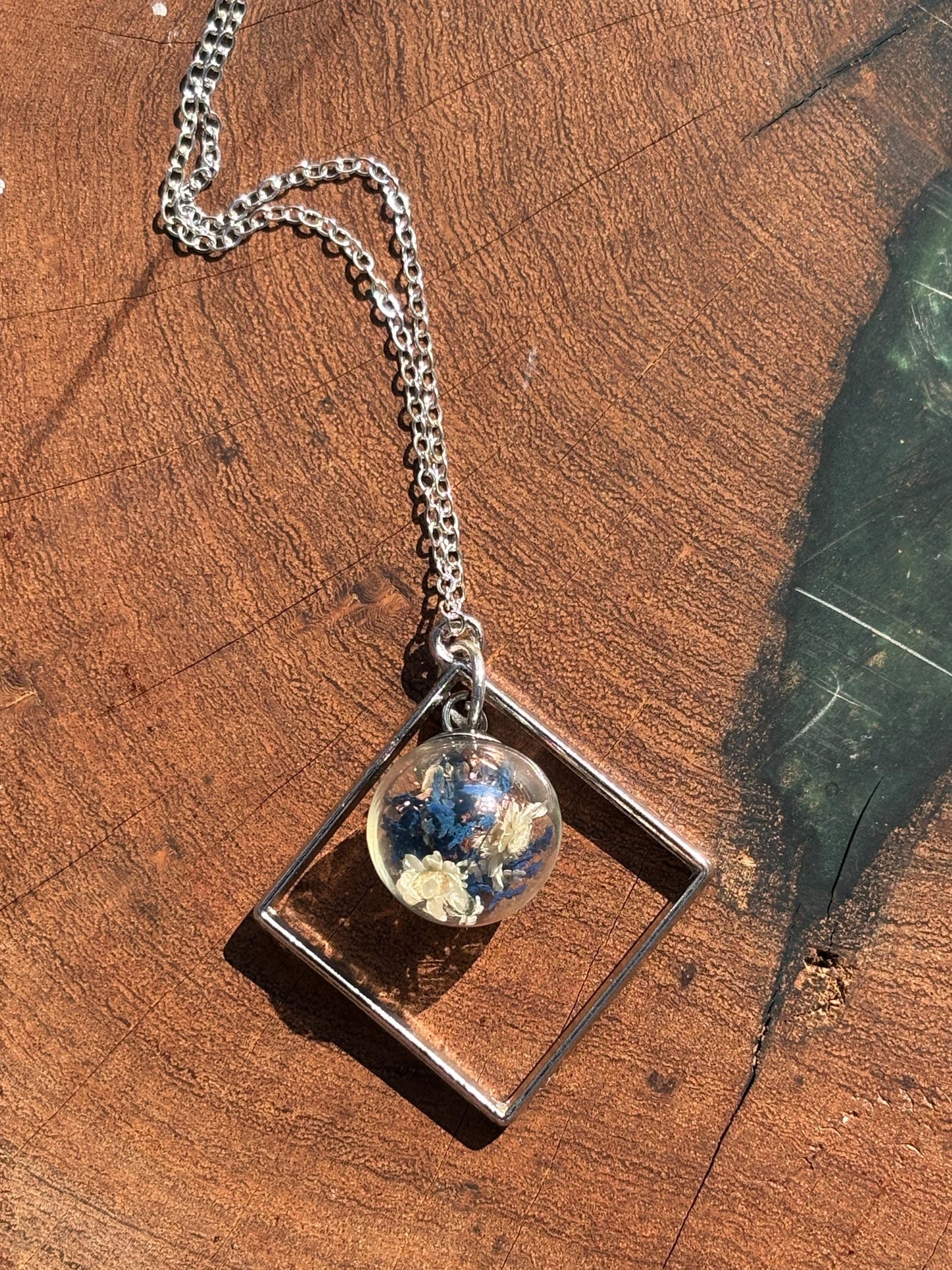 Wildflower Terrarium Necklace | Silver Diamond Frame Blue Copper Necklaces Consecrated Jewelry Co.