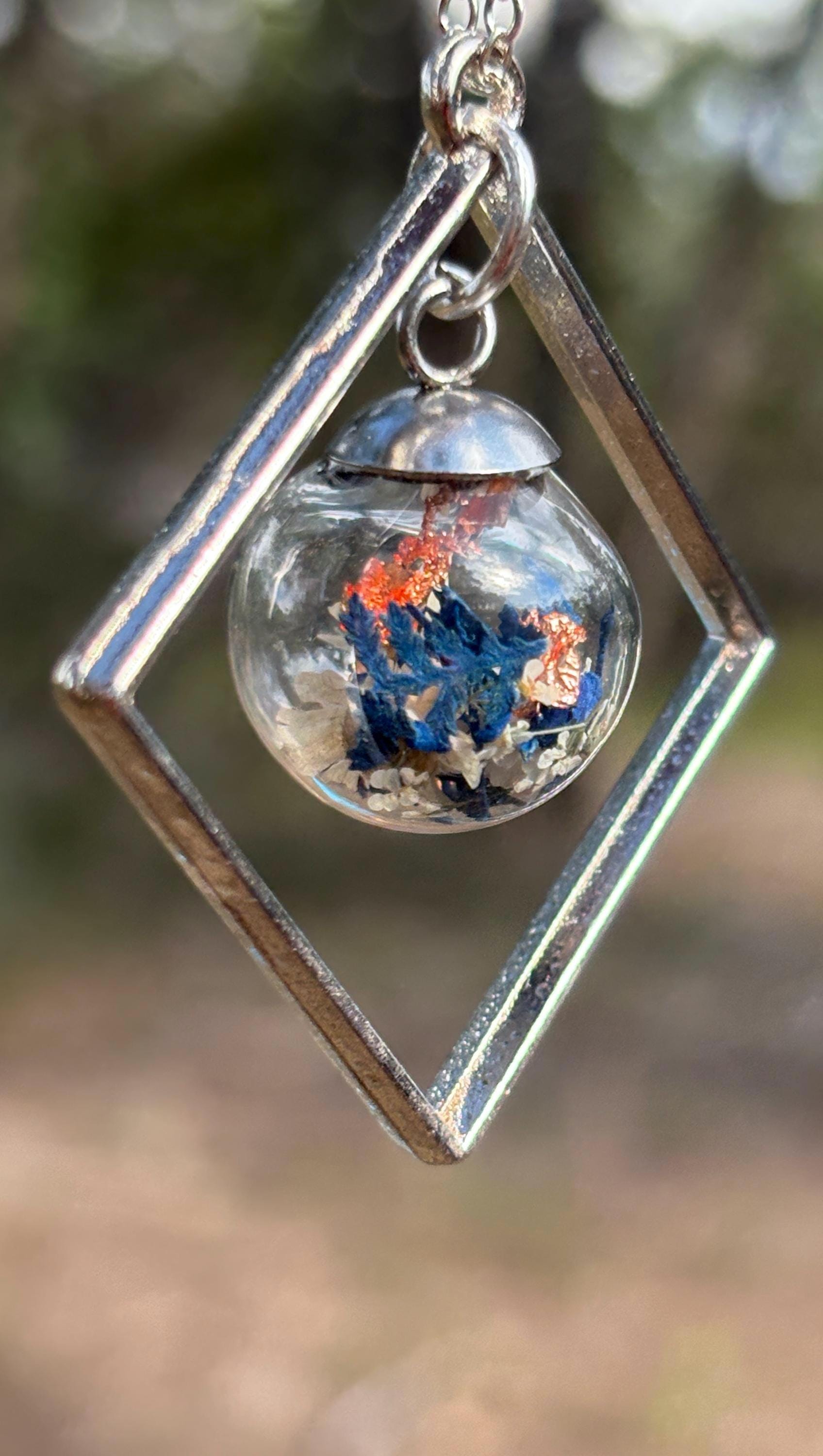 Wildflower Terrarium Necklace | Silver Diamond Frame Blue Copper Necklaces Consecrated Jewelry Co.