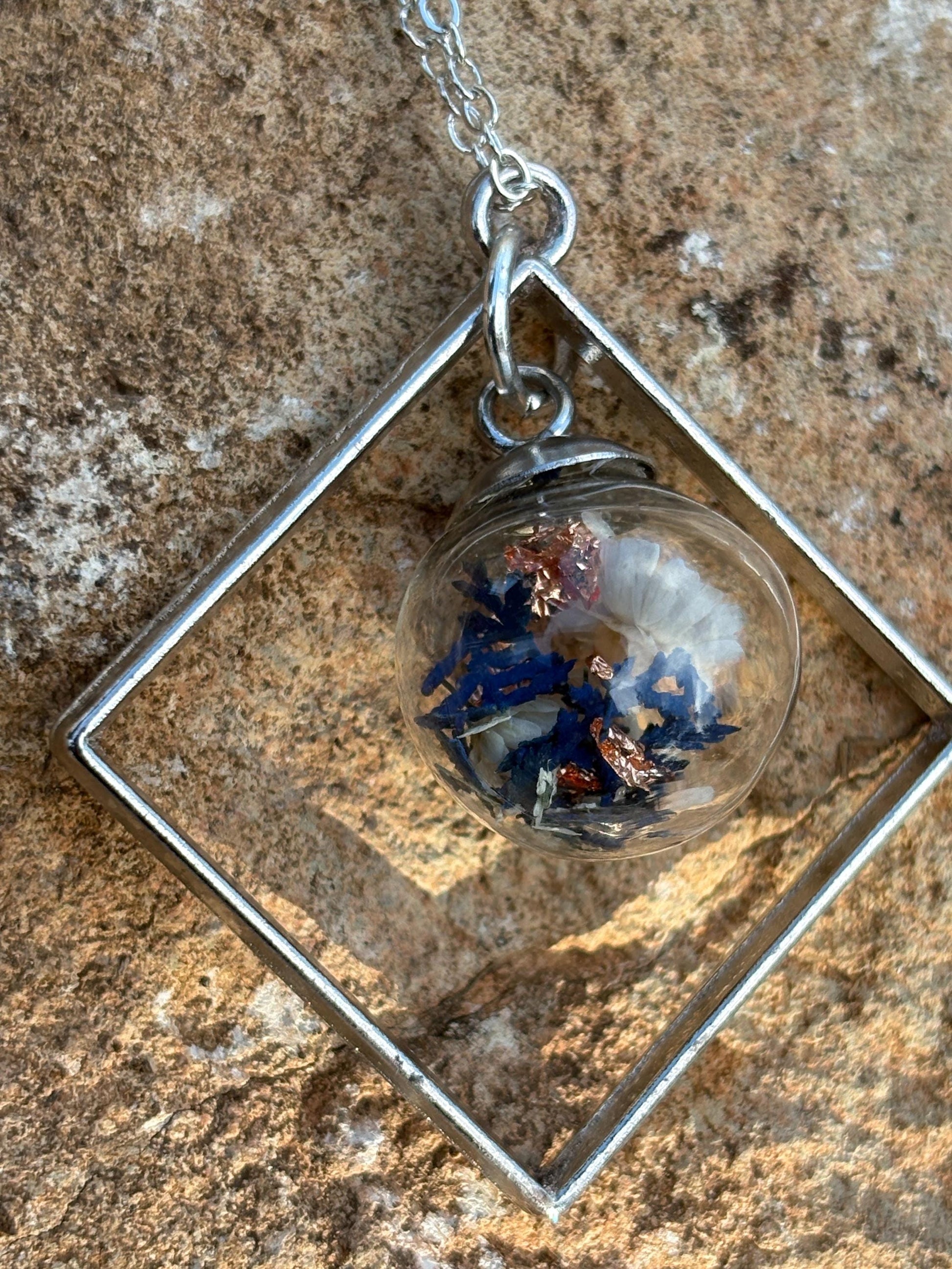 Wildflower Terrarium Necklace | Silver Diamond Frame Blue Copper Necklaces Consecrated Jewelry Co.