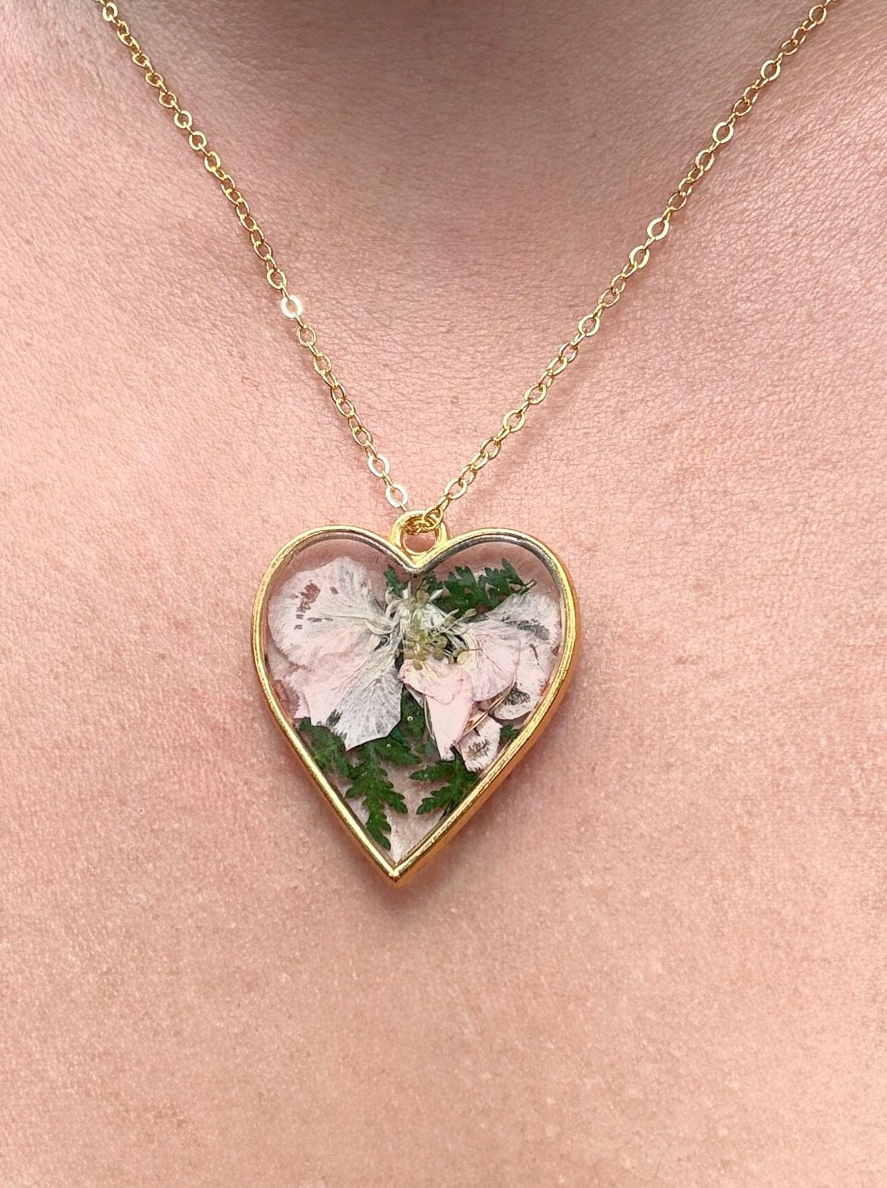 Real Pink Flower Green Leaf Heart Necklace: Gold Resin Pendant, Botanical Cottagecore Jewelry Necklaces Consecrated Jewelry Co.