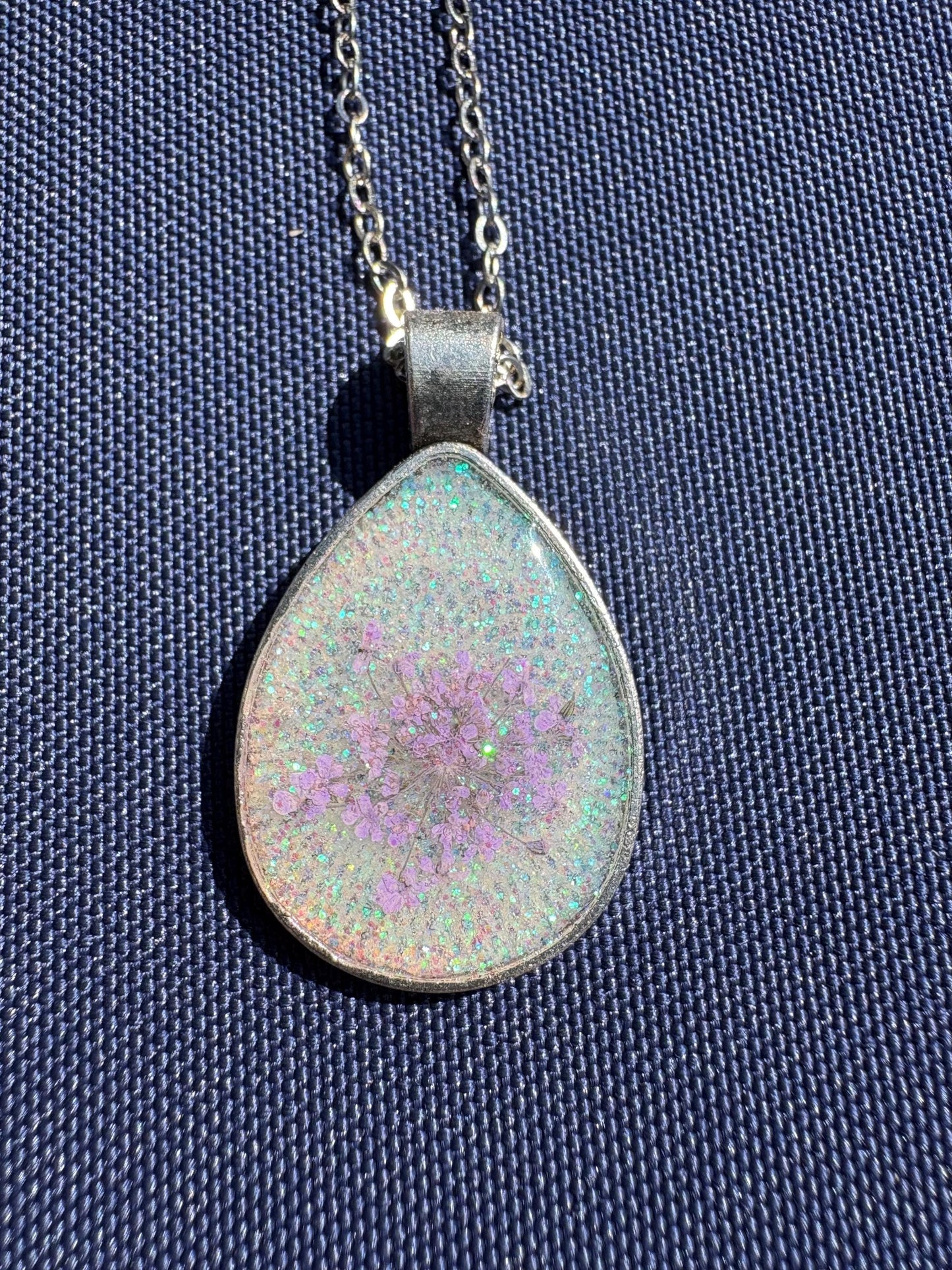 Pressed purple Wildflower white Resin Necklace: Pewter Teardrop Silver Minimalist Pendant Necklaces Consecrated Jewelry Co.