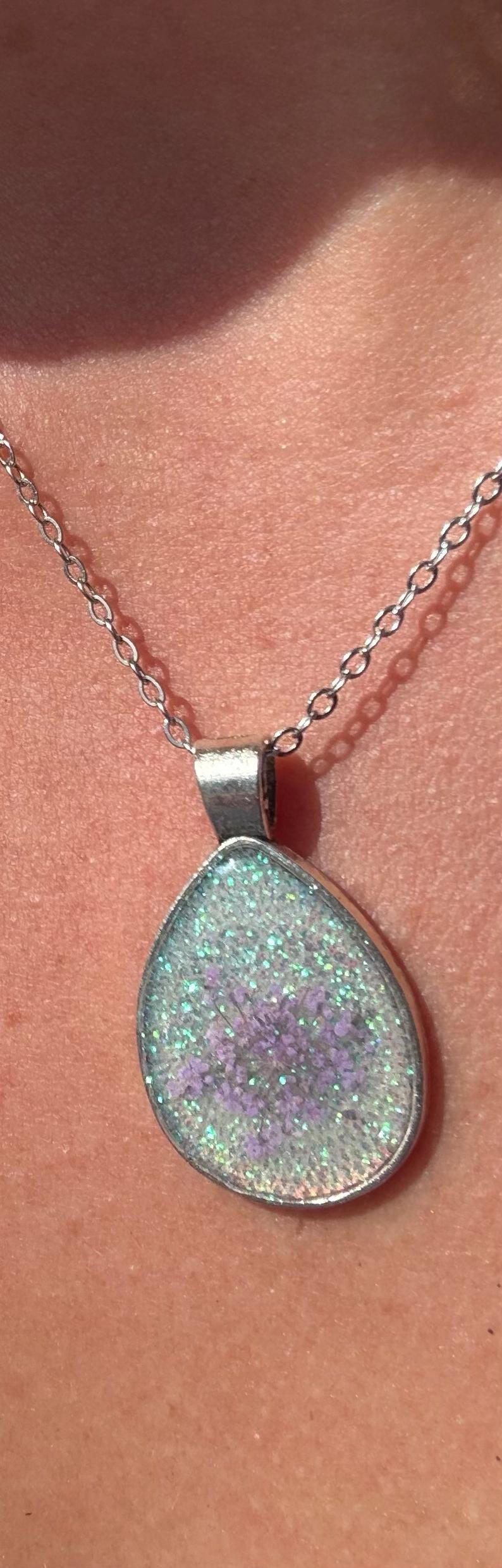 Pressed purple Wildflower white Resin Necklace: Pewter Teardrop Silver Minimalist Pendant Necklaces Consecrated Jewelry Co.