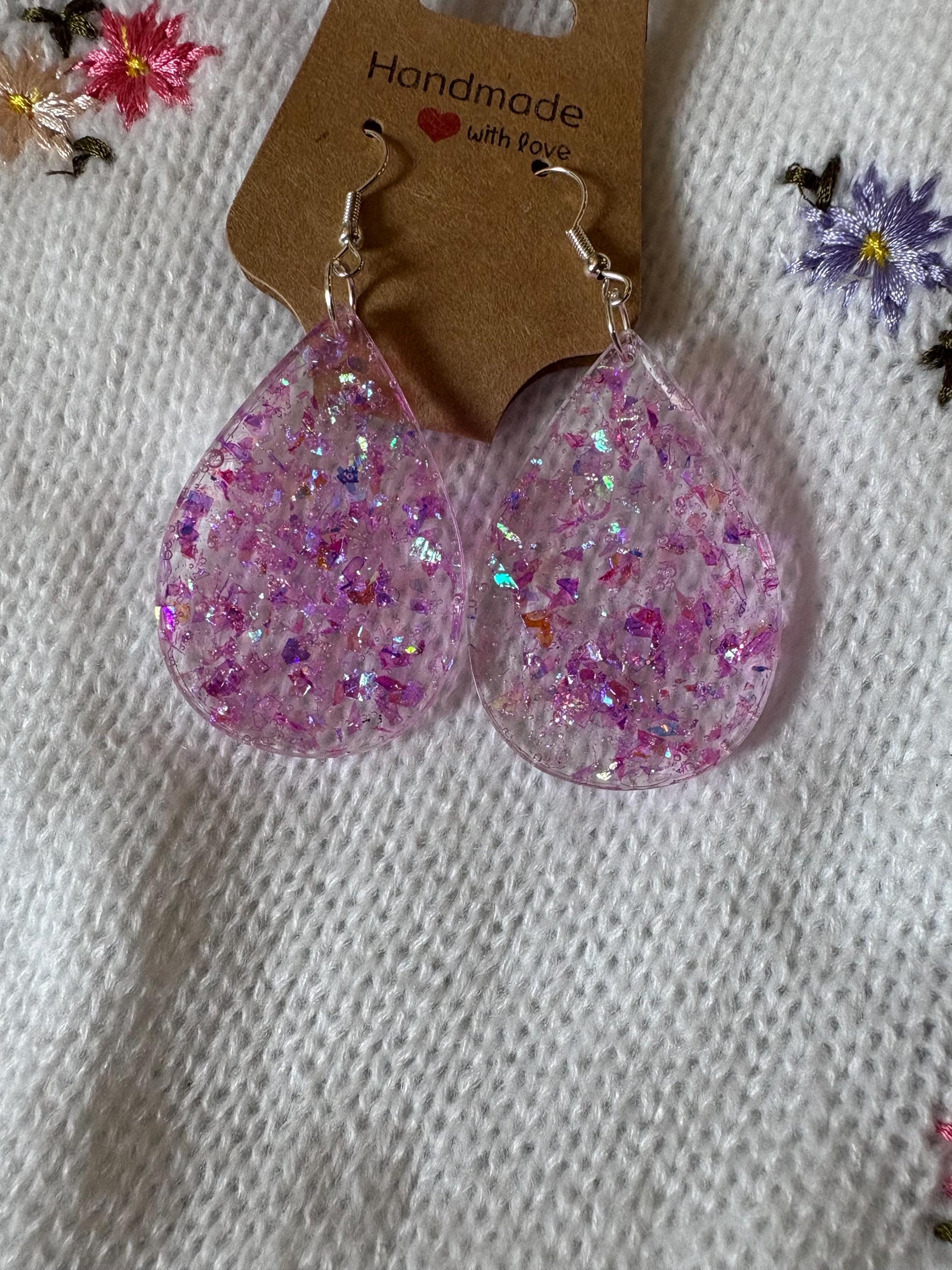 Handmade Glitter Resin Teardrop Earrings | Purple Pink Shimmer Earrings Consecrated Jewelry Co.