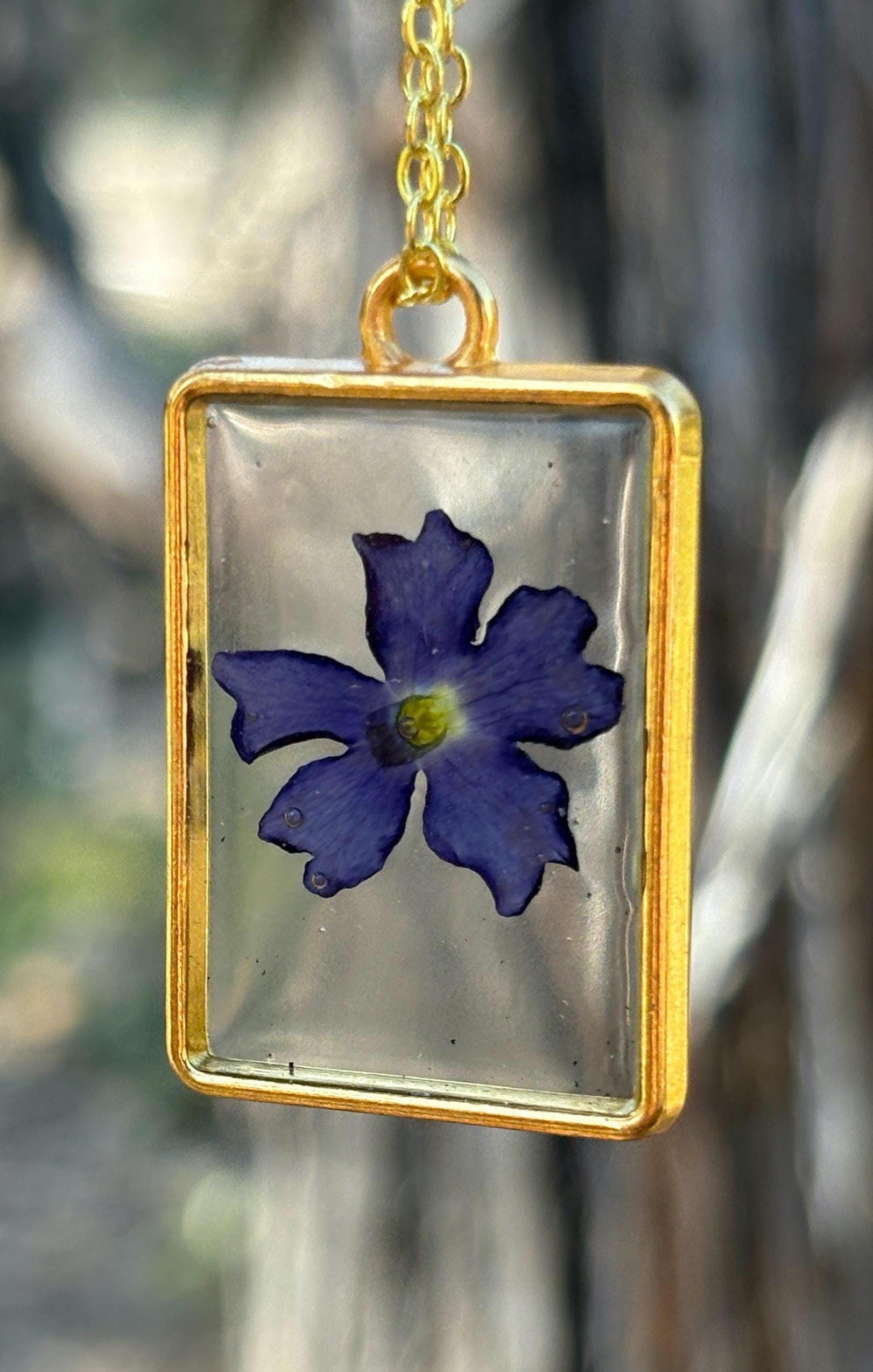 Pressed Purple Wildflower Pendant Necklace | Gold Resin Botanical Necklaces Consecrated Jewelry Co.
