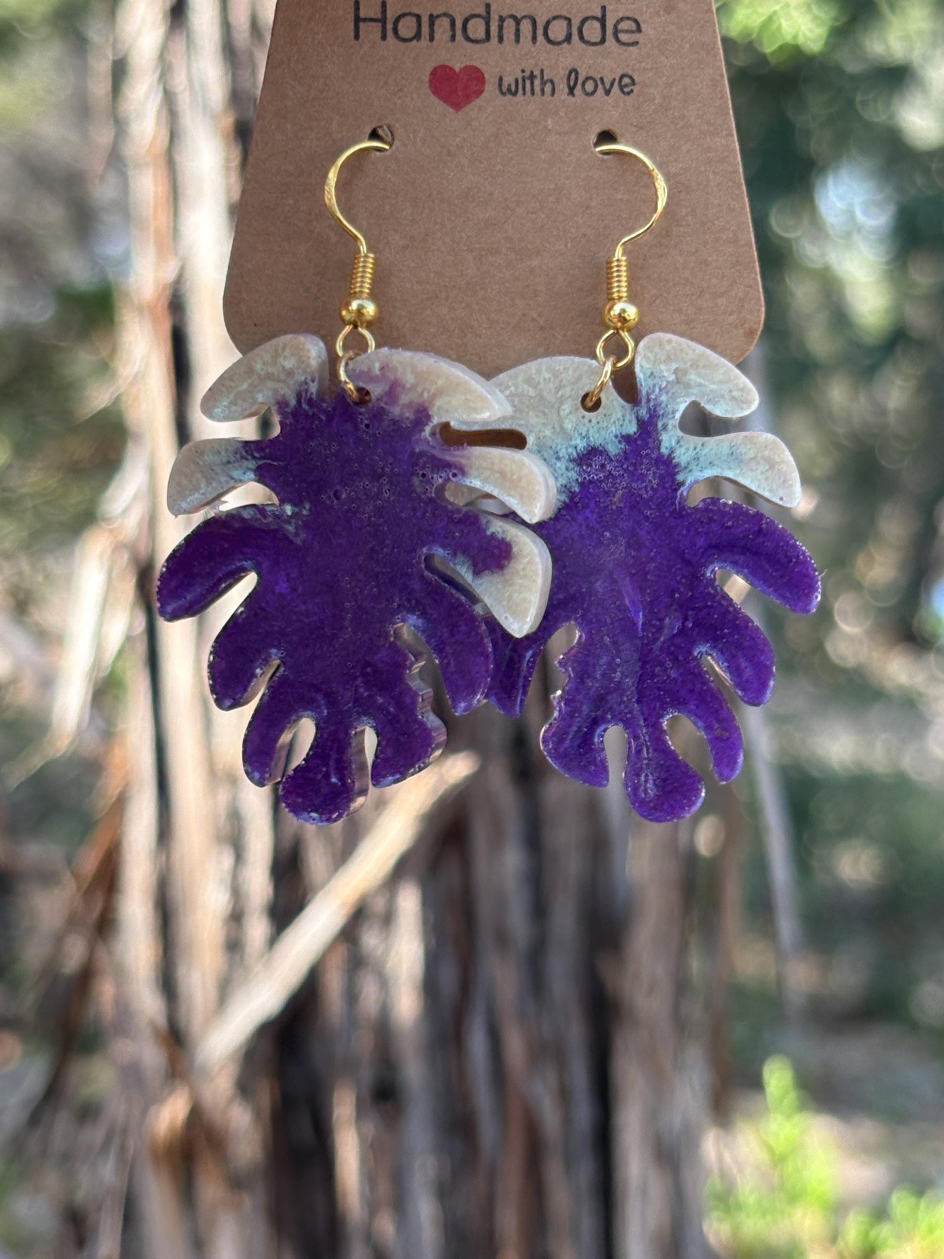 Purple and white Resin Monstera Leaf Palm Tree Earrings: Tropical Boho Dangle Jewelry Earrings Consecrated Jewelry Co.