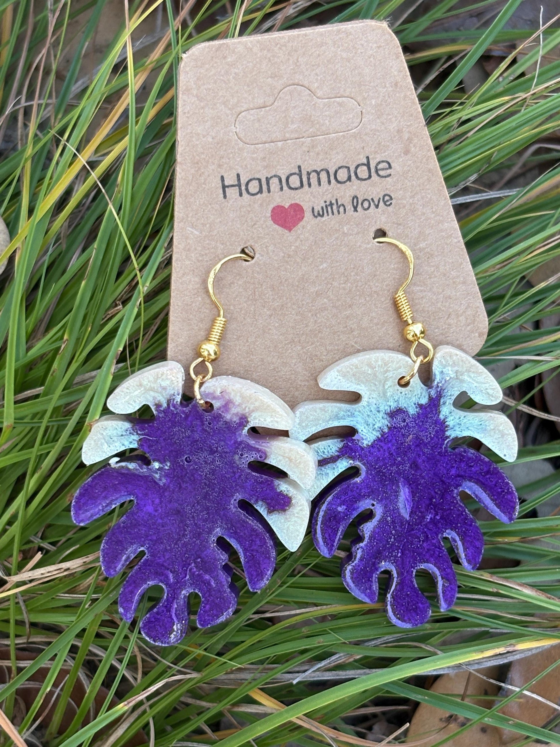 Purple and white Resin Monstera Leaf Palm Tree Earrings: Tropical Boho Dangle Jewelry Earrings Consecrated Jewelry Co.