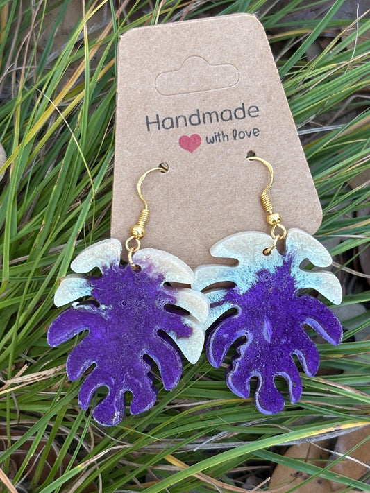 Purple and white Resin Monstera Leaf Palm Tree Earrings: Tropical Boho Dangle Jewelry Earrings Consecrated Jewelry Co.