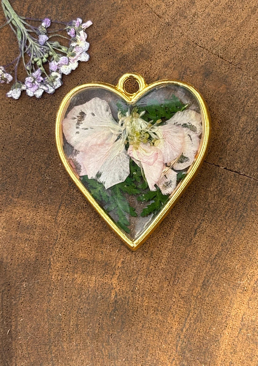 Real Pink Flower Green Leaf Heart Necklace: Gold Resin Pendant, Botanical Cottagecore Jewelry Necklaces Consecrated Jewelry Co.