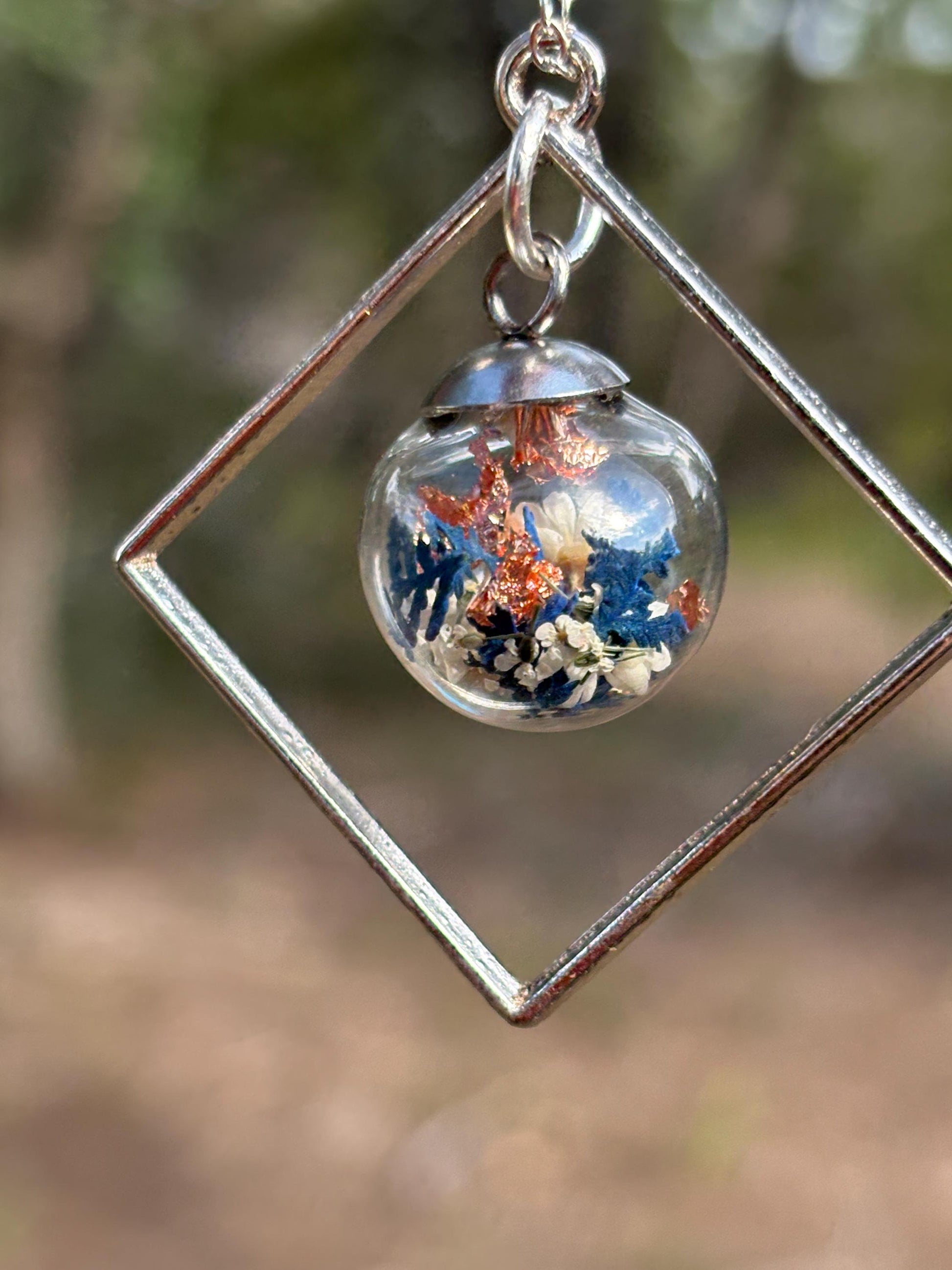 Wildflower Terrarium Necklace | Silver Diamond Frame Blue Copper Necklaces Consecrated Jewelry Co.