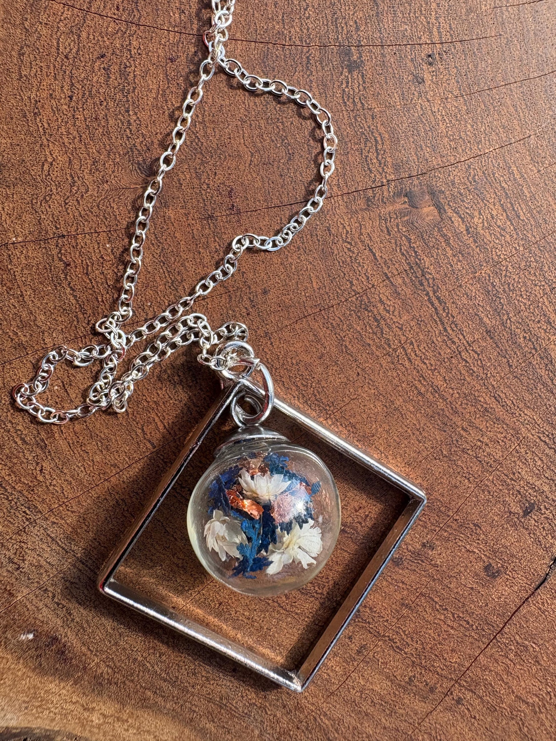 Wildflower Terrarium Necklace | Silver Diamond Frame Blue Copper Necklaces Consecrated Jewelry Co.