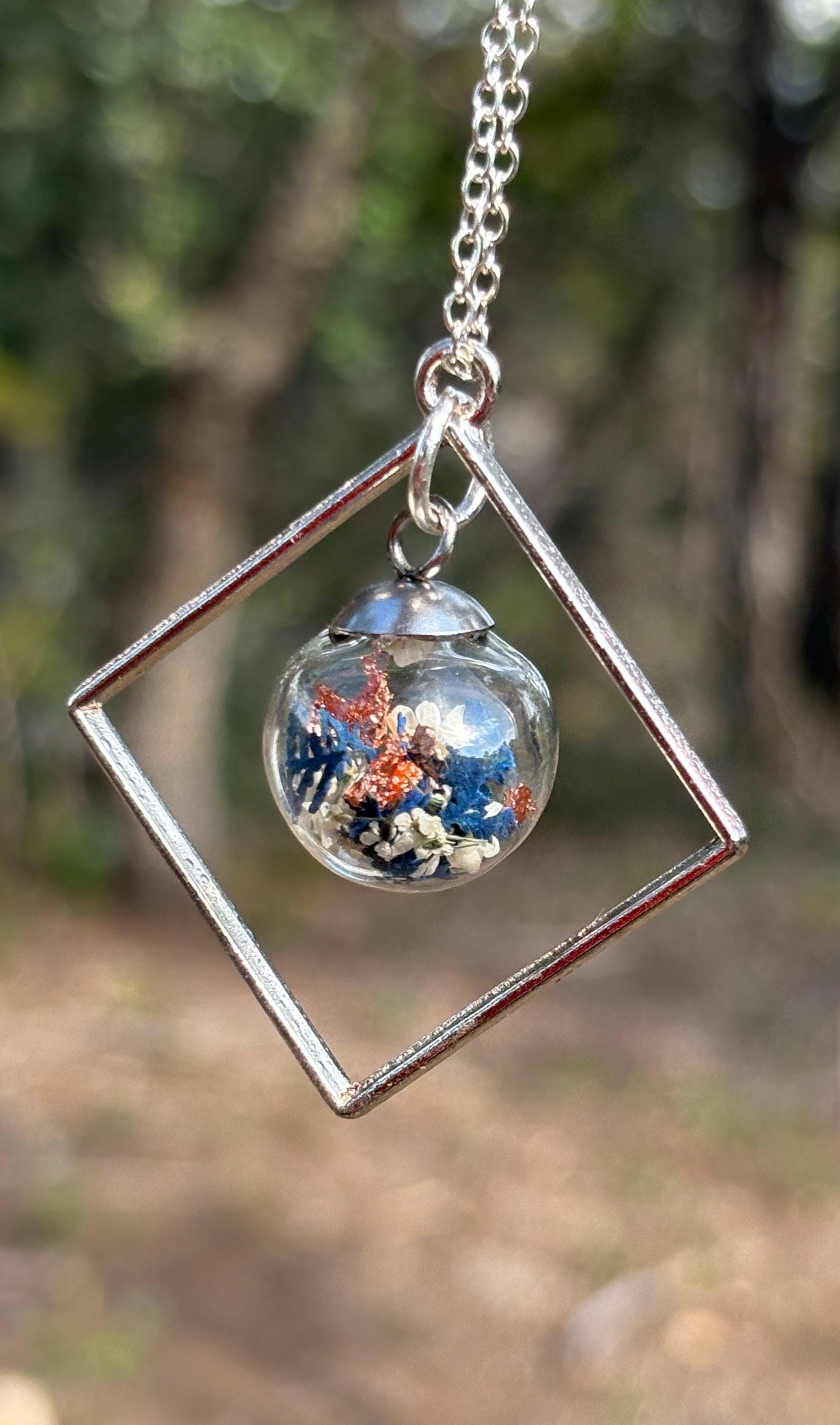 Wildflower Terrarium Necklace | Silver Diamond Frame Blue Copper Necklaces Consecrated Jewelry Co.