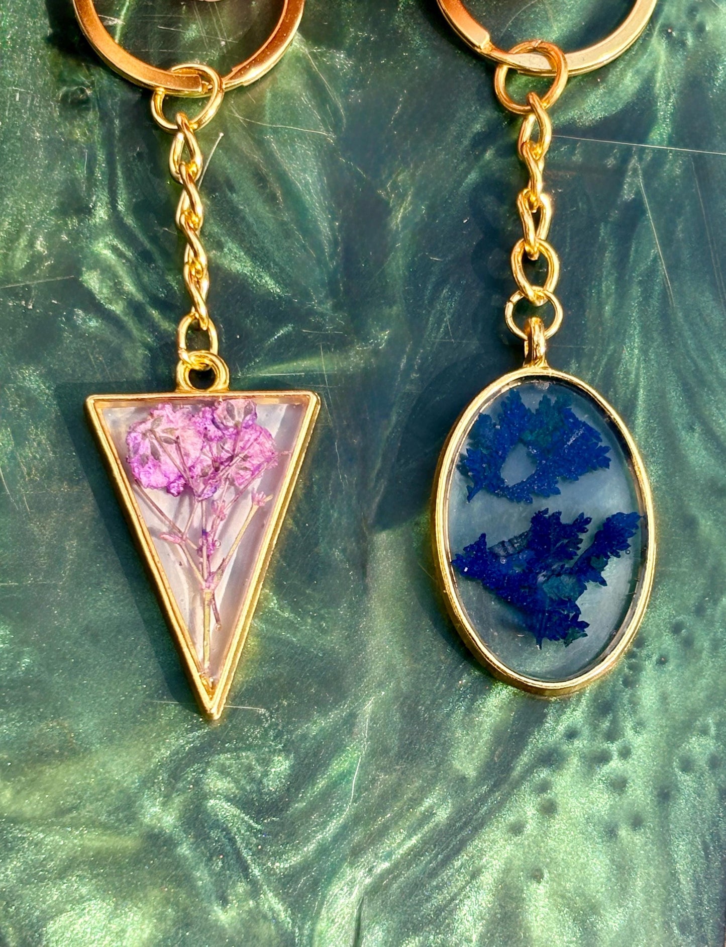 Real Pressed Wildflower Resin Keychain: Gold Floral Pink or Blue Bag Charm Keychains Consecrated Jewelry Co.
