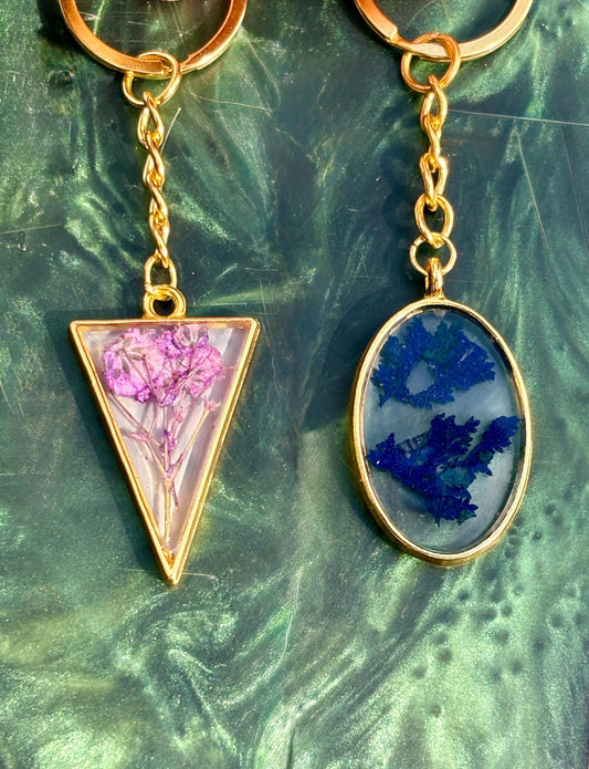 Real Pressed Wildflower Resin Keychain: Gold Floral Pink or Blue Bag Charm Keychains Consecrated Jewelry Co.