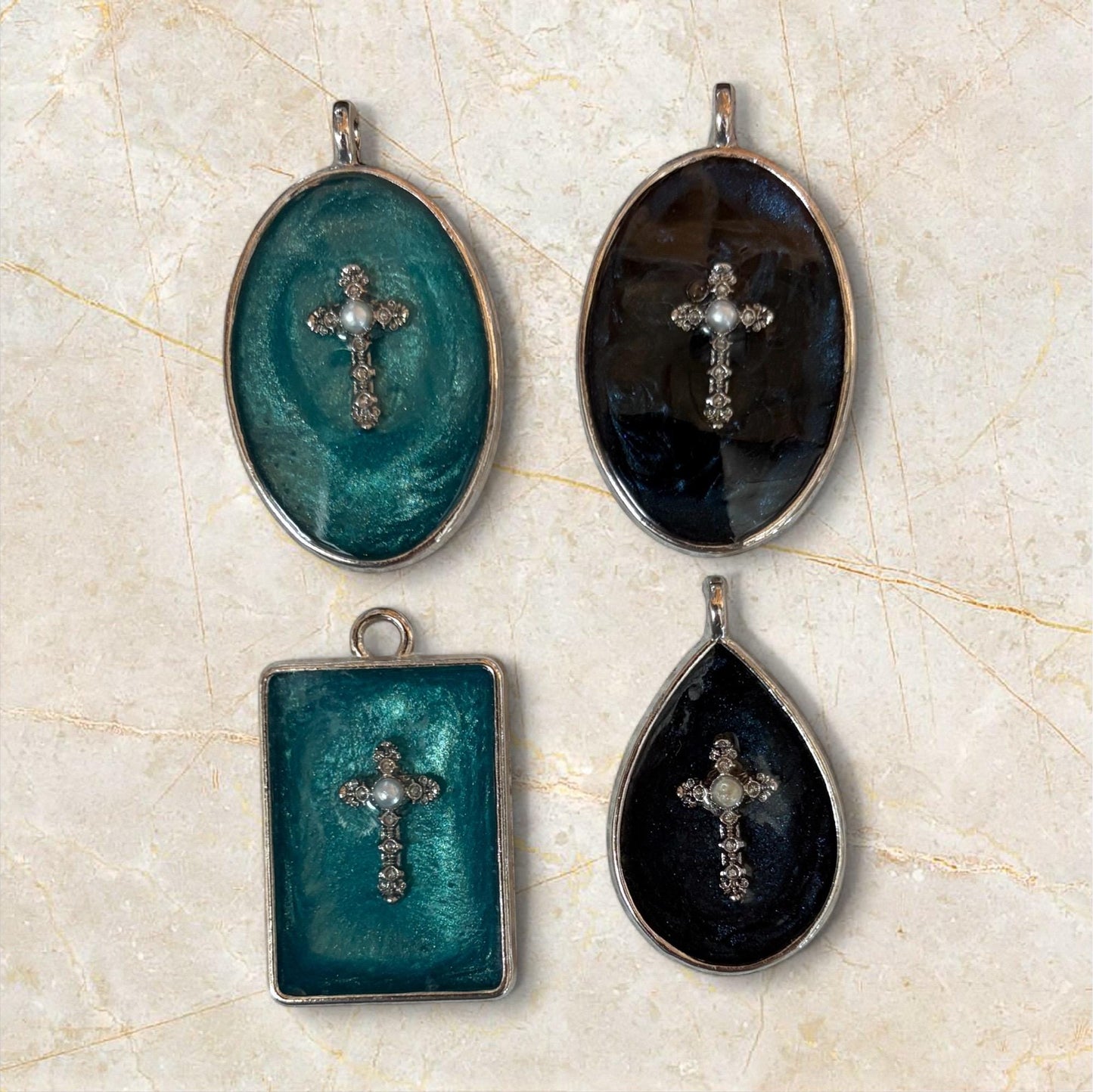 Turquoise and Navy Blue Resin Gemstone and White Pearl Cross Necklace: Silver-Plated Christian Jewelry Necklaces Consecrated Jewelry Co.