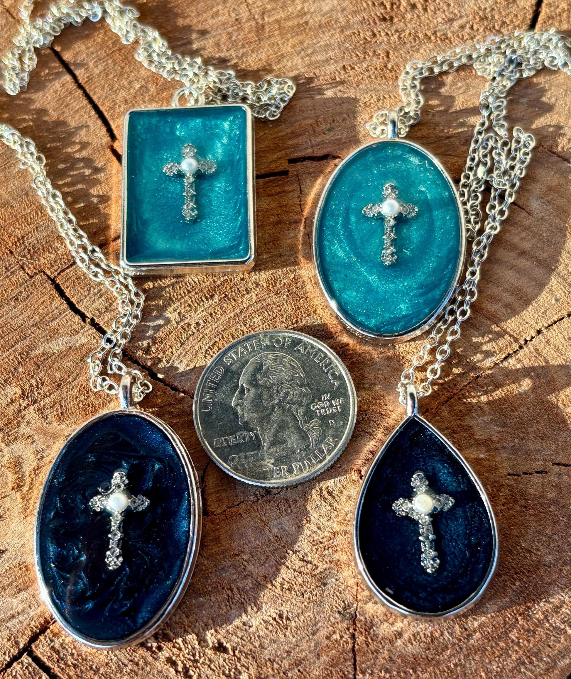 Turquoise and Navy Blue Resin Gemstone and White Pearl Cross Necklace: Silver-Plated Christian Jewelry Necklaces Consecrated Jewelry Co.