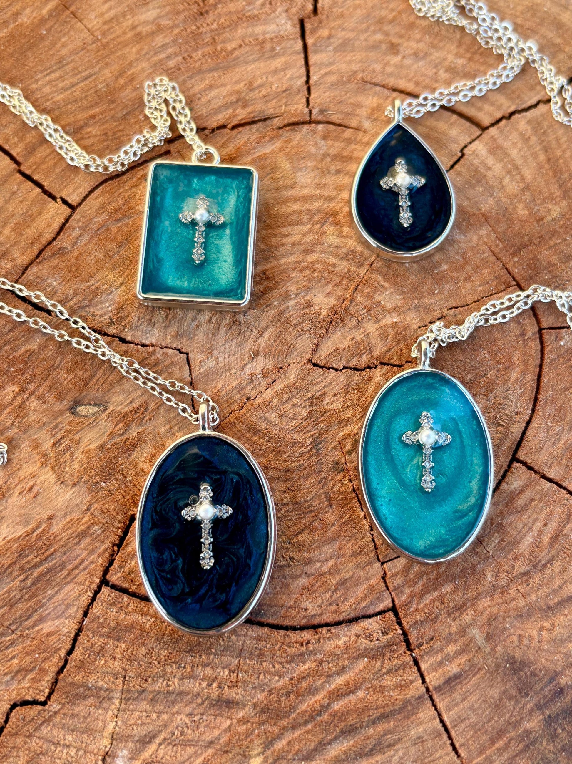 Turquoise and Navy Blue Resin Gemstone and White Pearl Cross Necklace: Silver-Plated Christian Jewelry Necklaces Consecrated Jewelry Co.