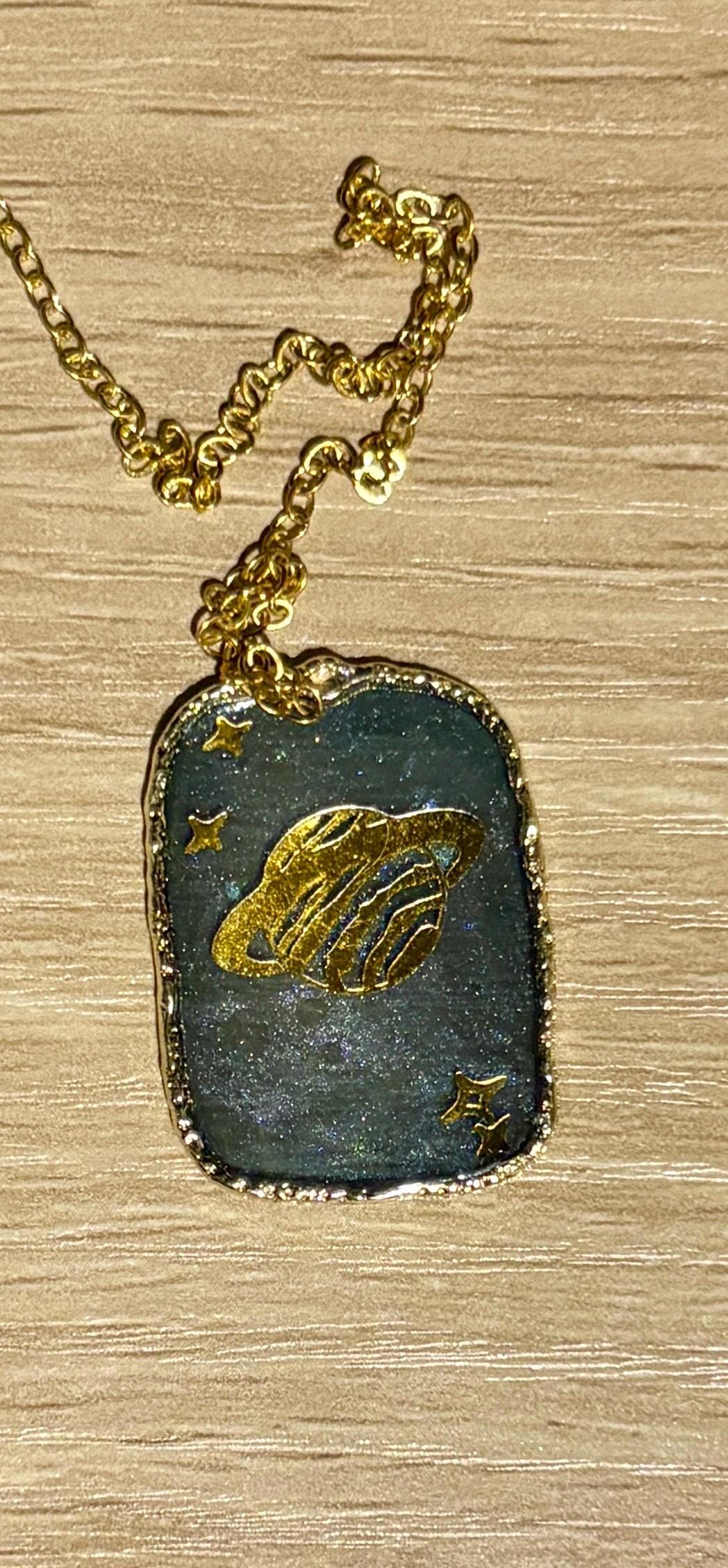 Gold Planet Saturn Pendant Necklace: Blue Resin Celestial Space and Galaxy Jewelry Necklaces Consecrated Jewelry Co.