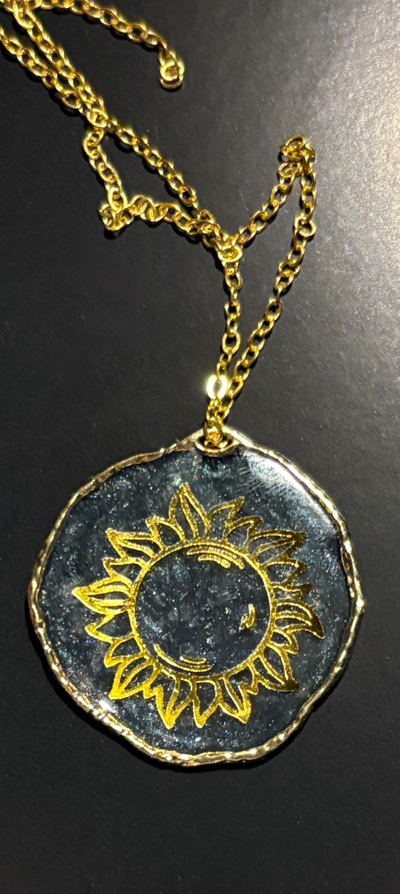 Gold and Yellow Sunflower Sun Pendant Necklace: Midnight Blue Resin Celestial Jewelry Consecrated Jewelry Co.