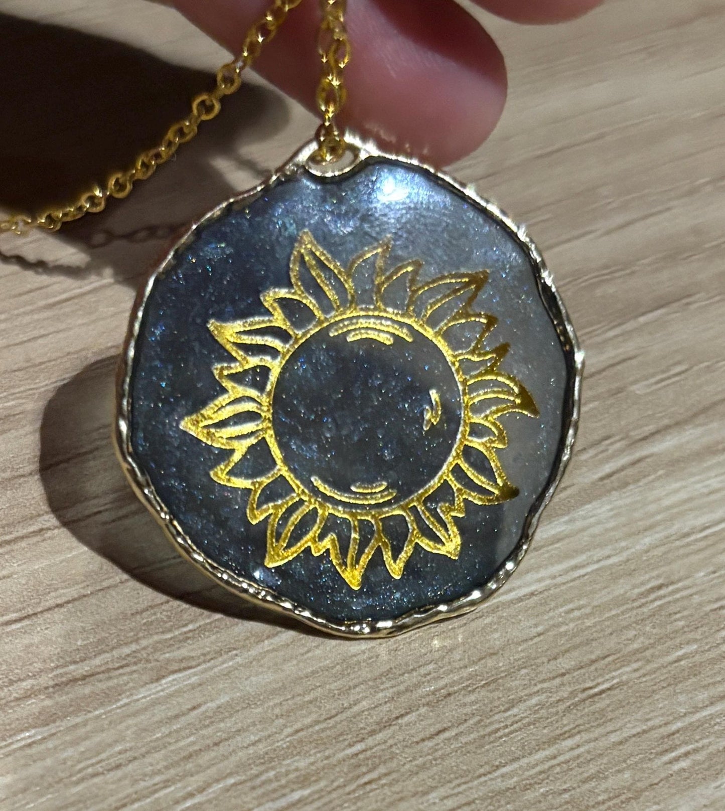 Gold and Yellow Sunflower Sun Pendant Necklace: Midnight Blue Resin Celestial Jewelry Consecrated Jewelry Co.